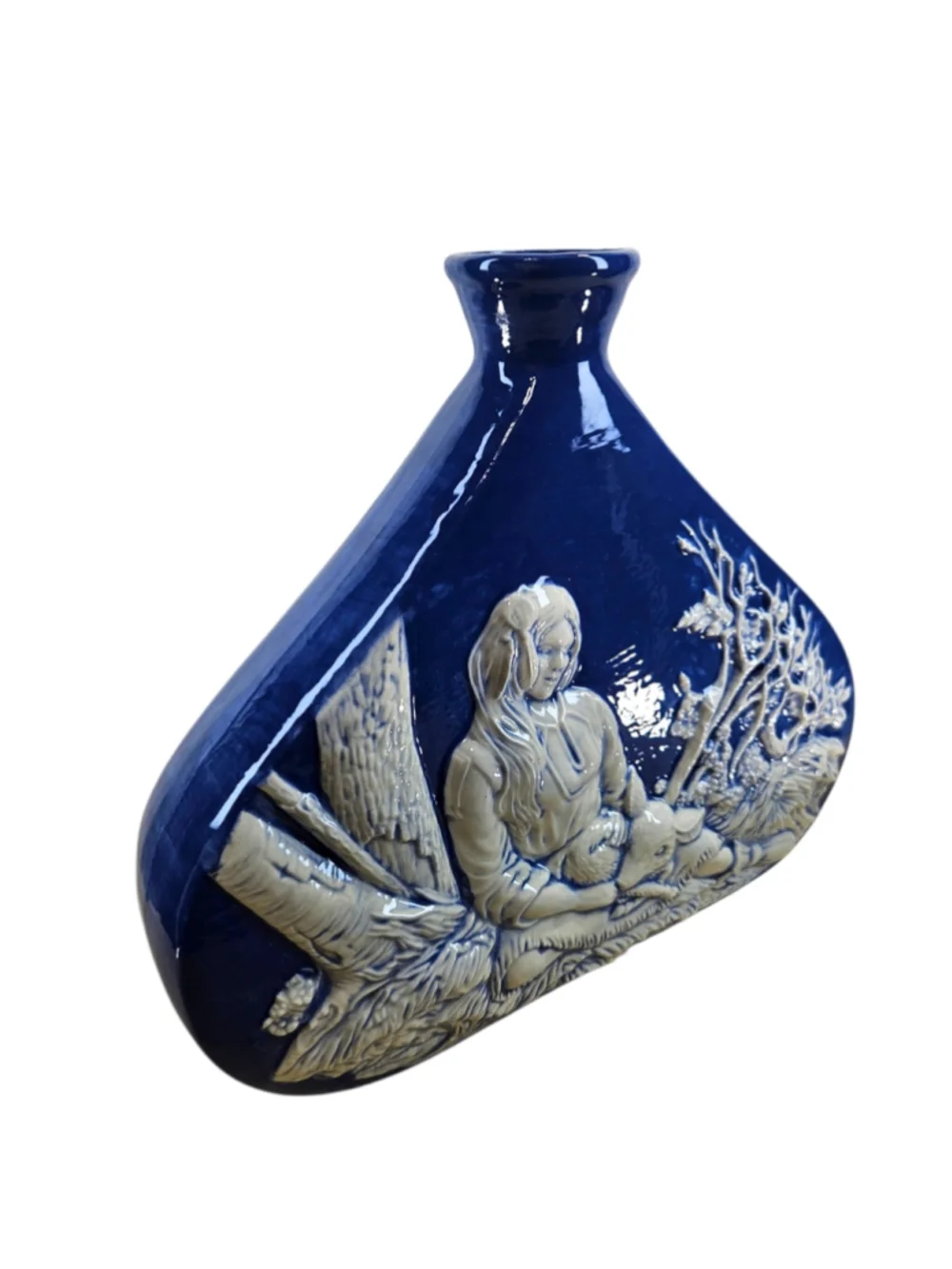 Signed P.W. 1988 Cobalt Blue Art Pottery Relief Vase Maiden & Baby Deer